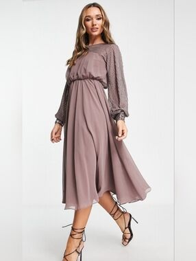 Asos Mauve Long-Sleeve Midi Dress with Sheer Beaded Sleeves
